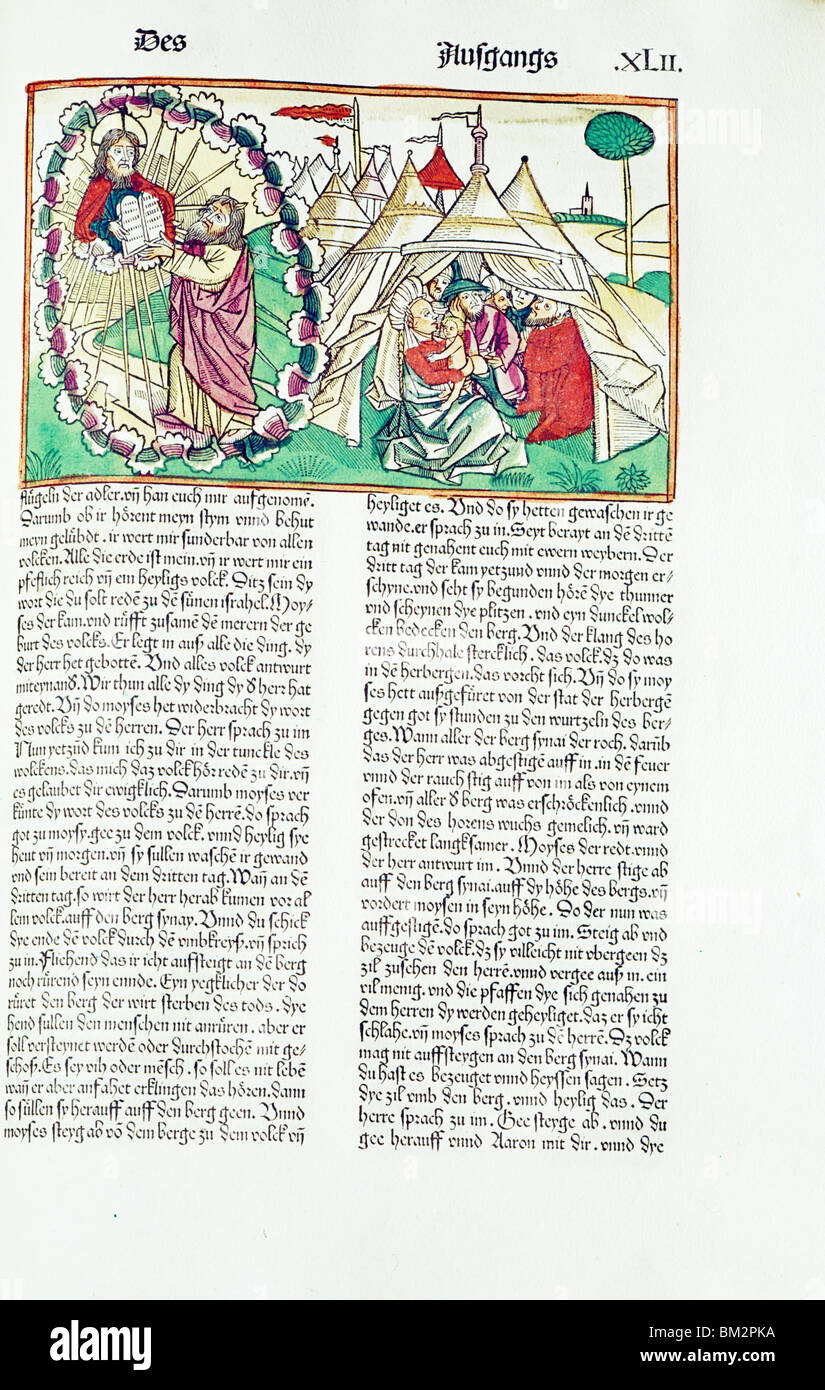 Moses Receiving Commandments  from German Bible  woodcut print  USA  New York  New York City  American Bible Society  1483 A.D. Stock Photo