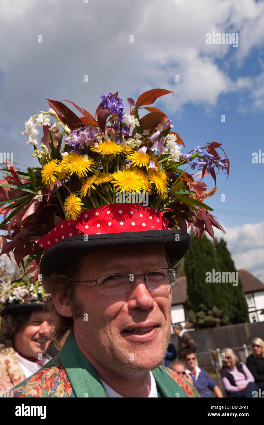 UK, England, Herefordshire, Putley, Big Apple Event, Morris dancer with fresh spring flowers in hat Stock Photo