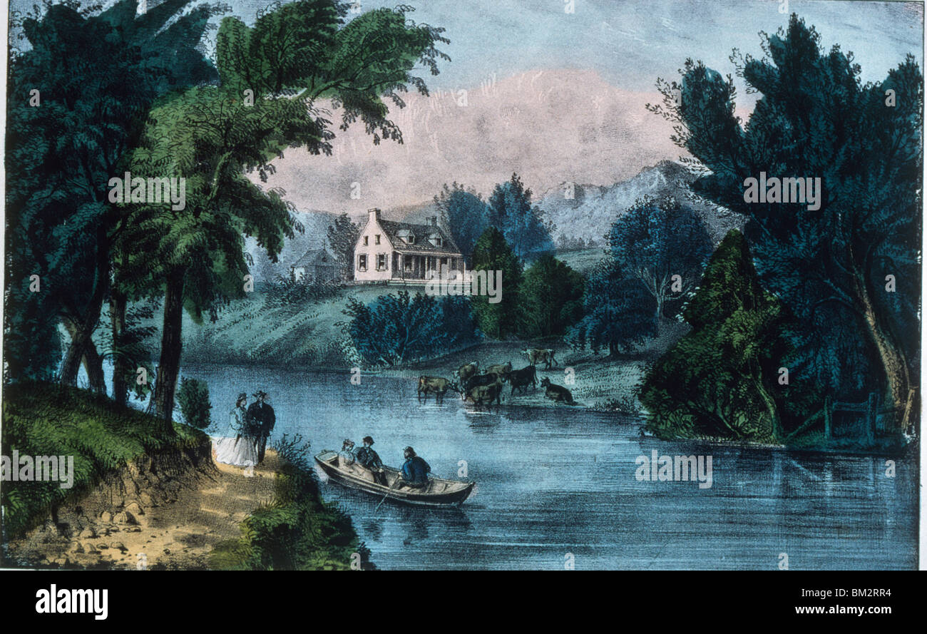 The River Side, Currier and Ives, color lithograph, 1857-1907, USA, Washington, D.C., Library of Congress Stock Photo