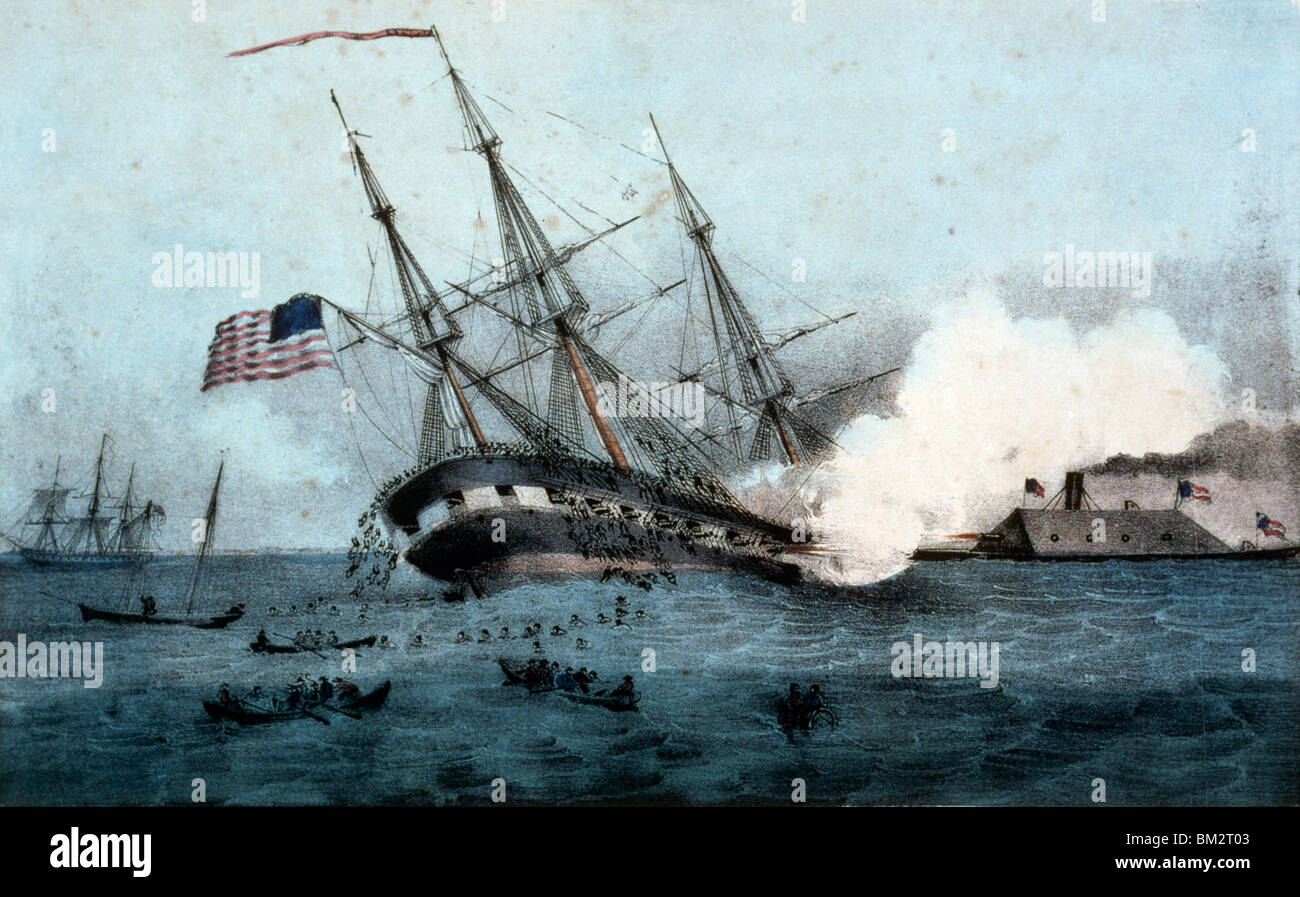 American battleship and ironclad vessel in seabattle Stock Photo