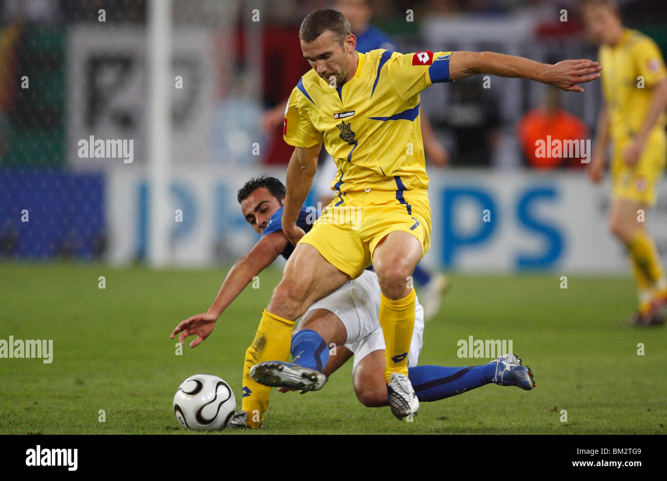 Andriy Shevchenko of Ukraine avoids a tackle during a FIFA World Cup quarterfinal soccer match against Italy June 30, 2006. Stock Photo