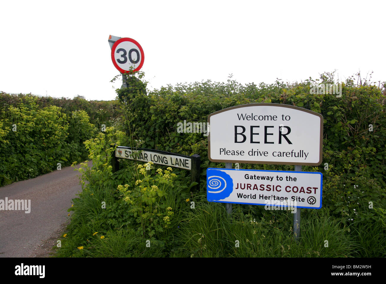 welcome to Beer village sign, Devon, England Stock Photo