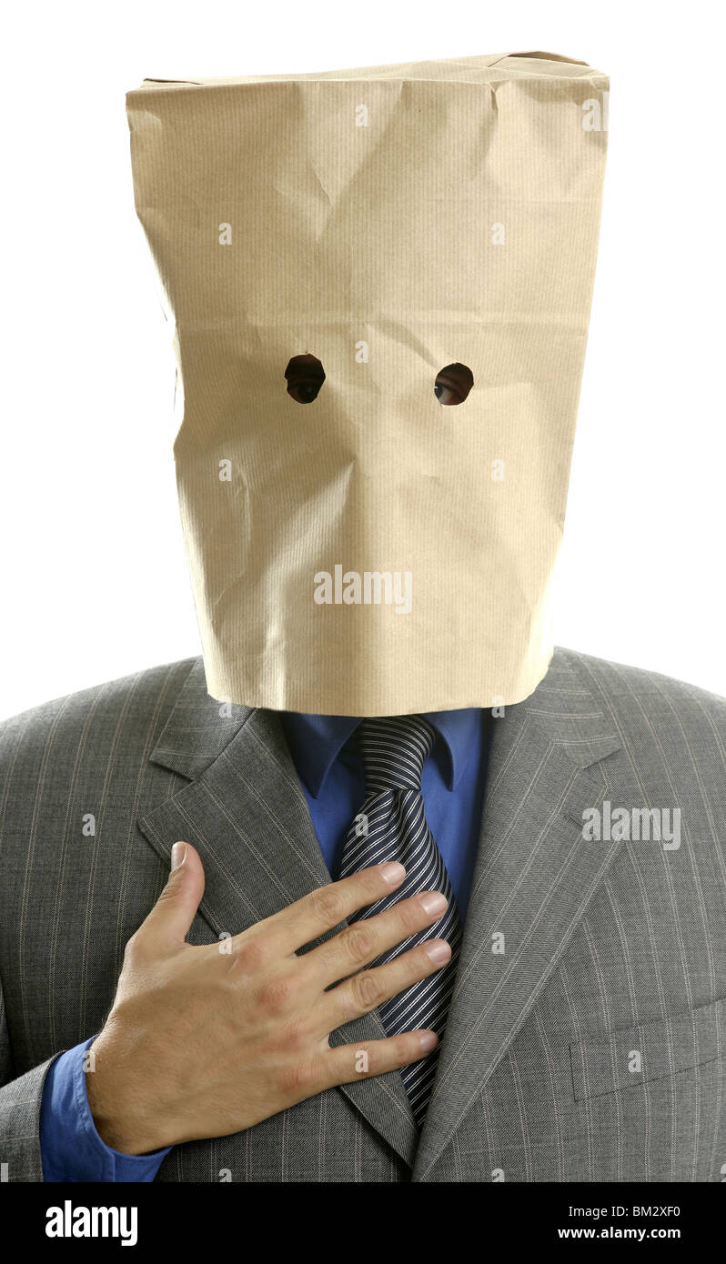 Businessman with paper bag in head Stock Photo Alamy