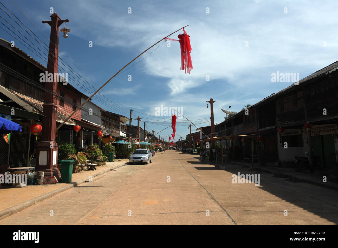 Wooden building line the street in Lanta Old Town on Ko Lanta, Krabi Province in Thailand. Stock Photo