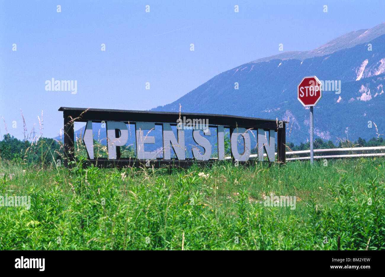 Slovenia, 15 June 2009 -- 'Pension' sign, on the way from Lesce-Bled train station to Lake Bled. Stock Photo