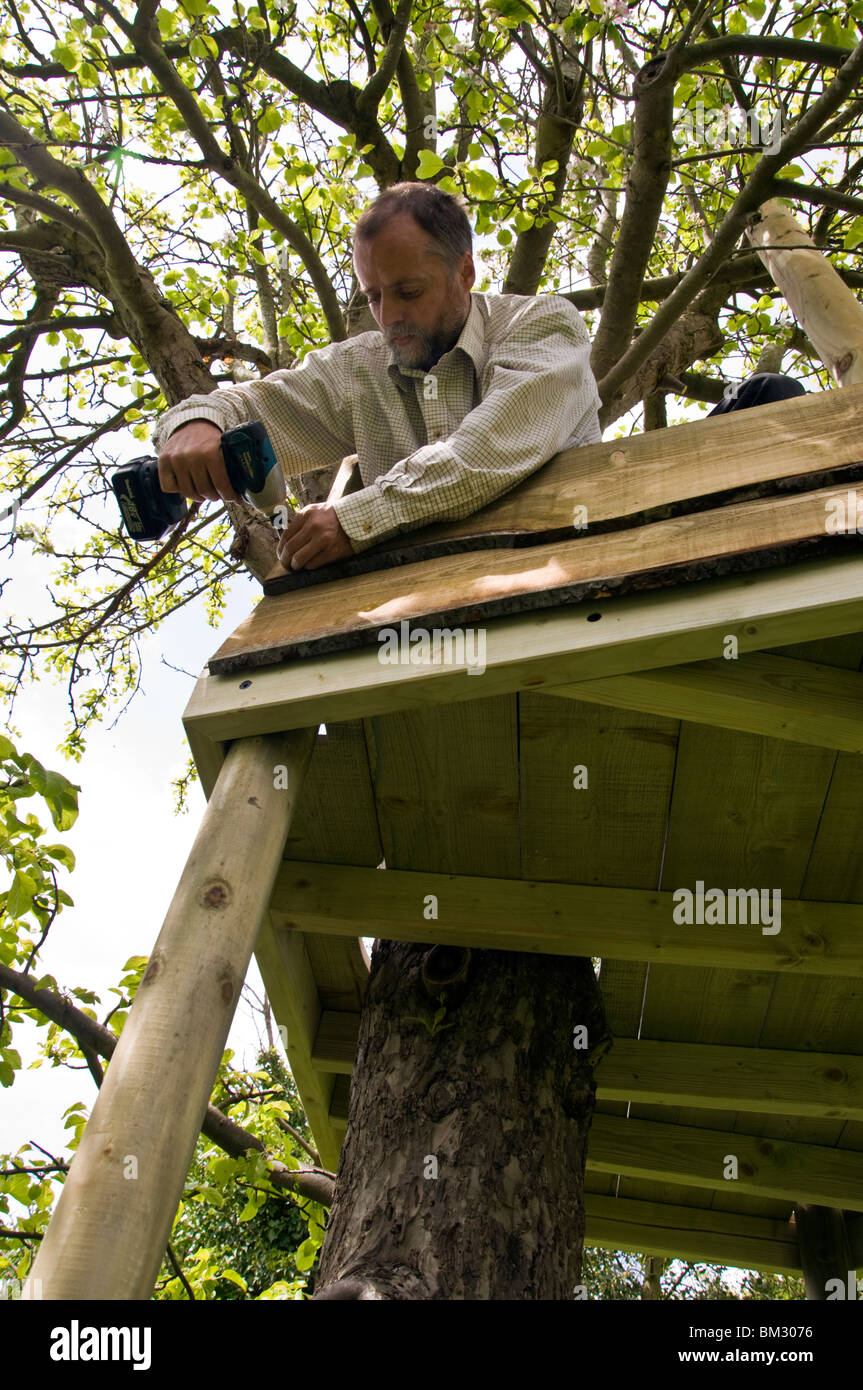 Man building a treehouse around an apple tree using a cordless power tool Stock Photo