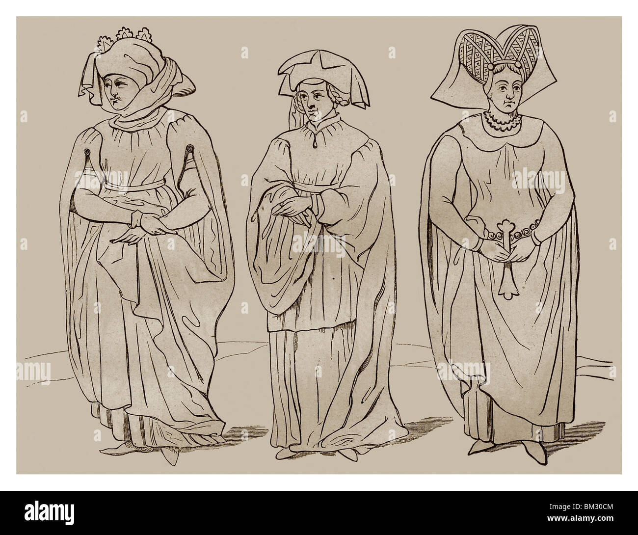 Costumes of noble women of the 14th and 15th centuries in France. Figures taken on an ancient tomb. Stock Photo