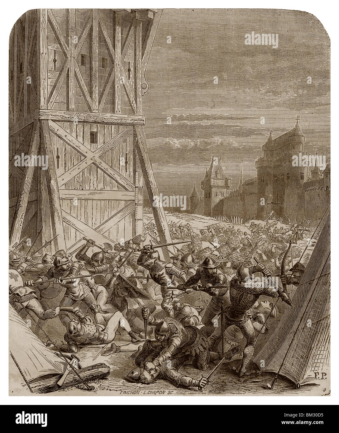 In 1356, during the siege of Rennes by the Englishmen, Bertrand Duguesclin burnt a siege engine down. Stock Photo