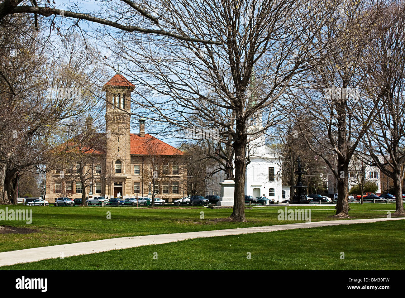 A spring morning on the Town Common, Clinton, Massachusetts Stock Photo