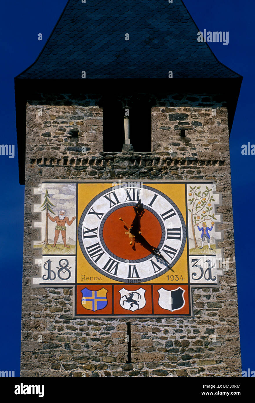 clock tower, Jakobs Church, Jakobskirche, town of Klosters, Klosters, Graubunden, Graubunden Canton, Switzerland, Europe Stock Photo