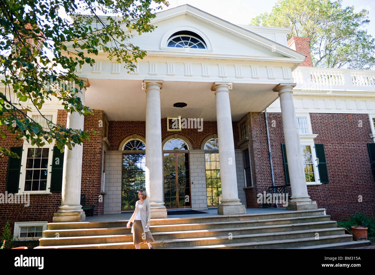 Person walking at the front entrance of Monticello, Thomas Jefferson home in Charlottesville Virginia, USA. Stock Photo