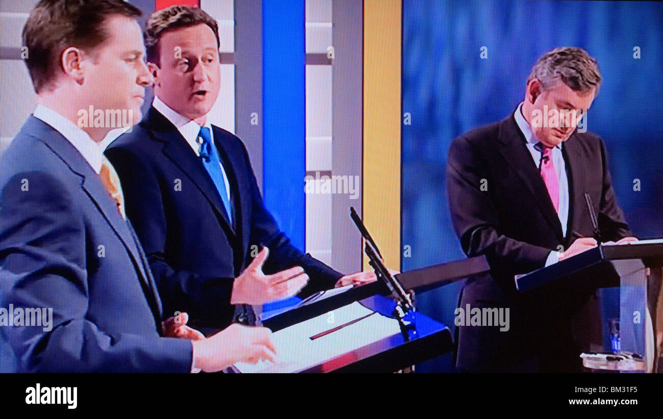 General Election the First TV Television debate. April 15th 2010. UK. MPS MP (L-R) Nick Clegg, David Cameron, Gordon Brown. 2010s England HOMER SYKES Stock Photo