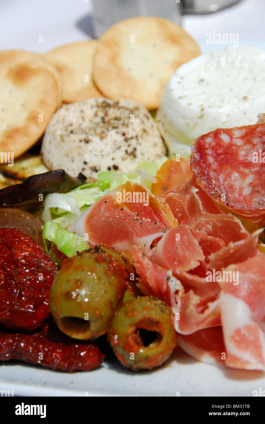 GOZO, MALTA. A plate of Maltese-style antipasti, as served at The Oleander in Xaghra. 2010. Stock Photo