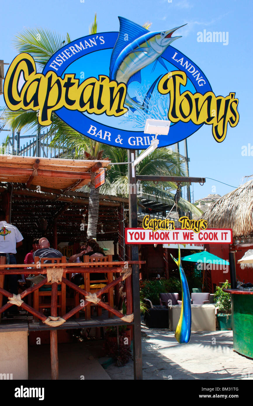 Captain Tony's fish bar and grill is a popular place to eat in Cabot San Lucas,Mexico. 'You hook it we cook it ' is the theme Stock Photo