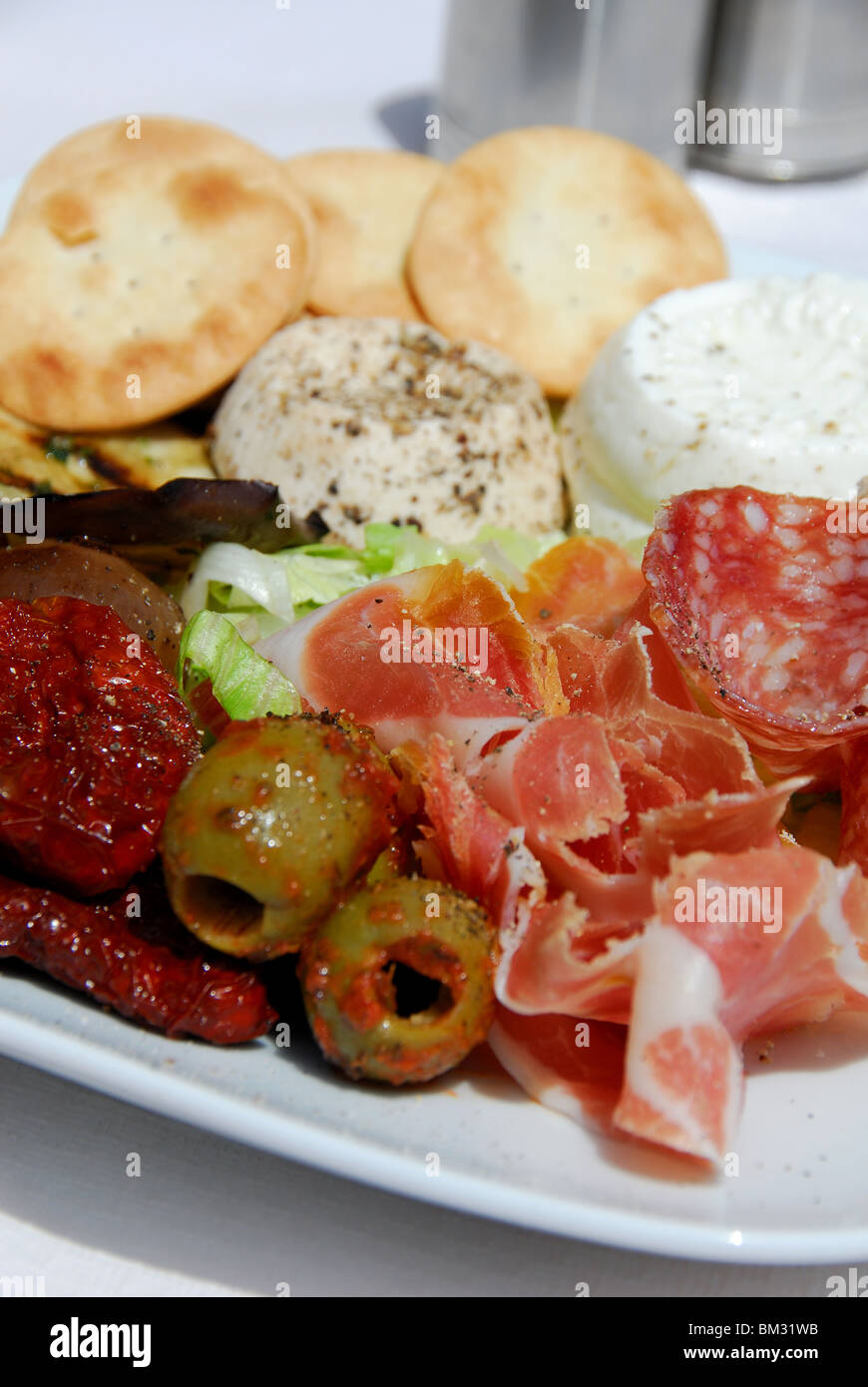 GOZO, MALTA. A plate of Maltese-style antipasti, as served at The Oleander in Xaghra. 2010. Stock Photo