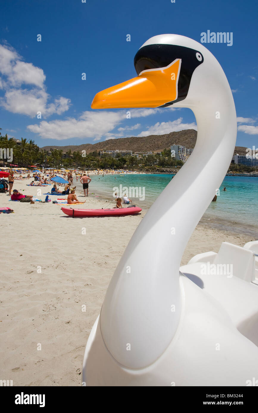 Swan Pedalo at Anfi Beach on Gran Canaria Stock Photo