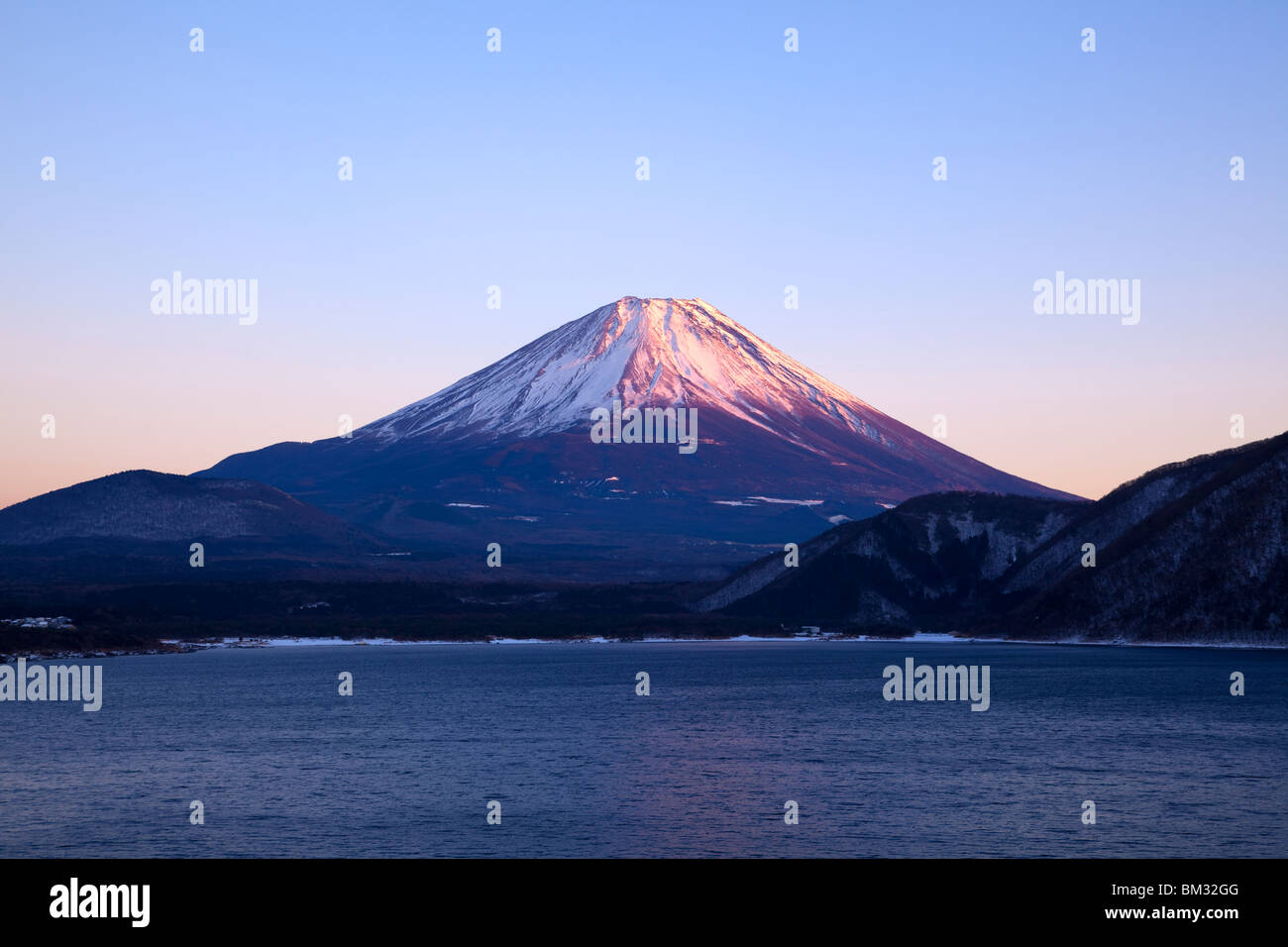 Mt. Fuji and Motosuko Lake in Sunset Stock Photo