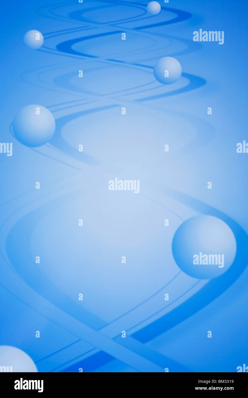 Curved lines and spheres on blue background, computer graphic Stock Photo