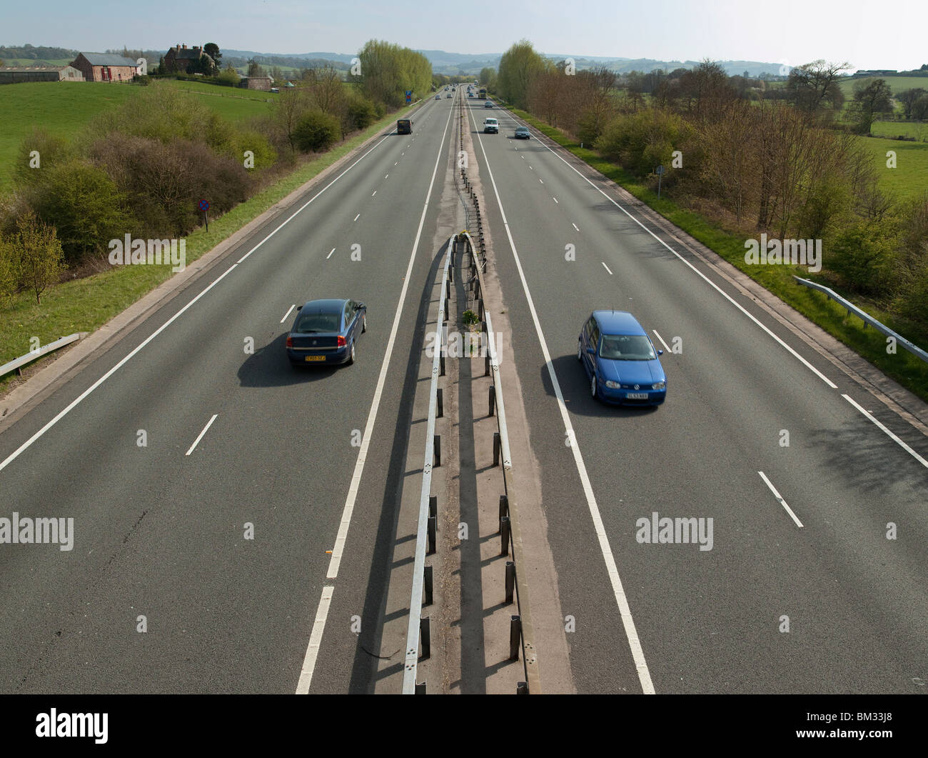 Busy dual carriageway with traffic in South Wales in spring viewed from