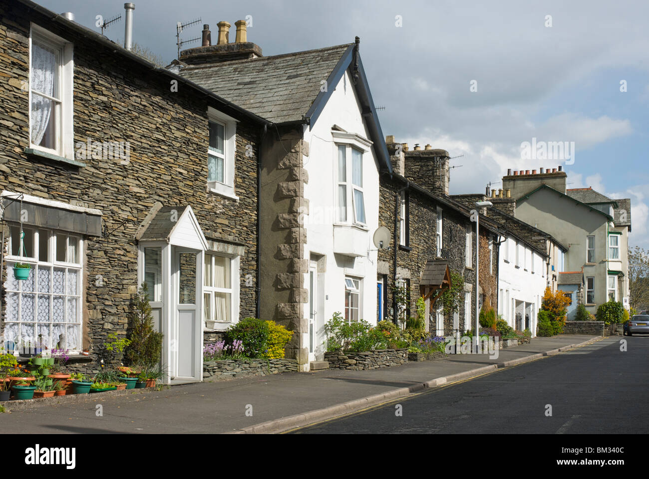 Terraced houses in Cross Street, Windermere Town, Lake District National Park, Cumbria, England UK Stock Photo