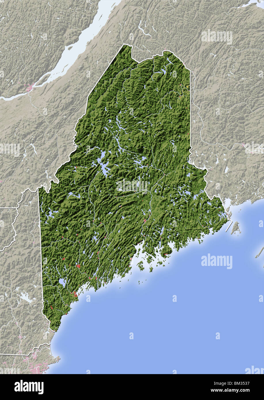 Maine, shaded relief map. Stock Photo