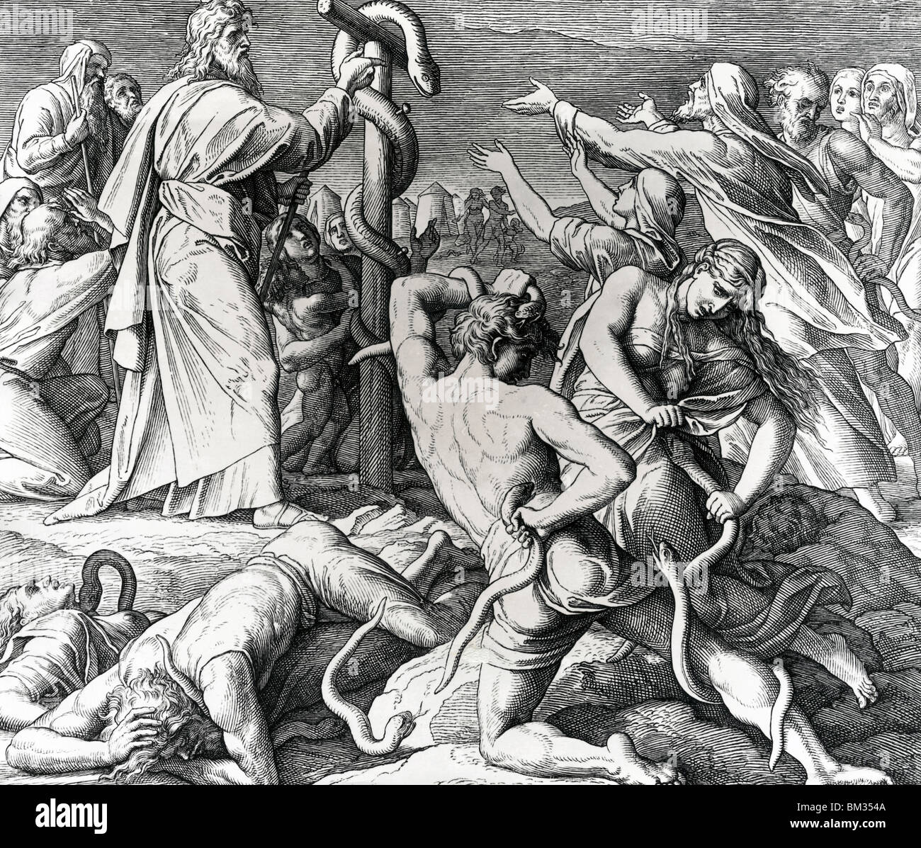 Moses Heals Afflicted Israelites with Brazen Serpent by Julius Schnorr von Carolsfeld, illustration, (1794-1872) Stock Photo