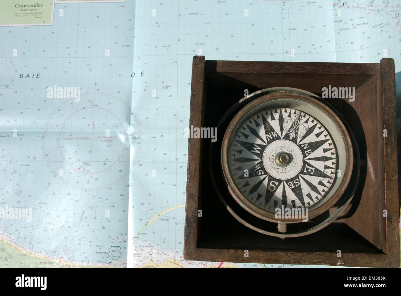 Nautical compass binnacle box on seachart background Stock Photo