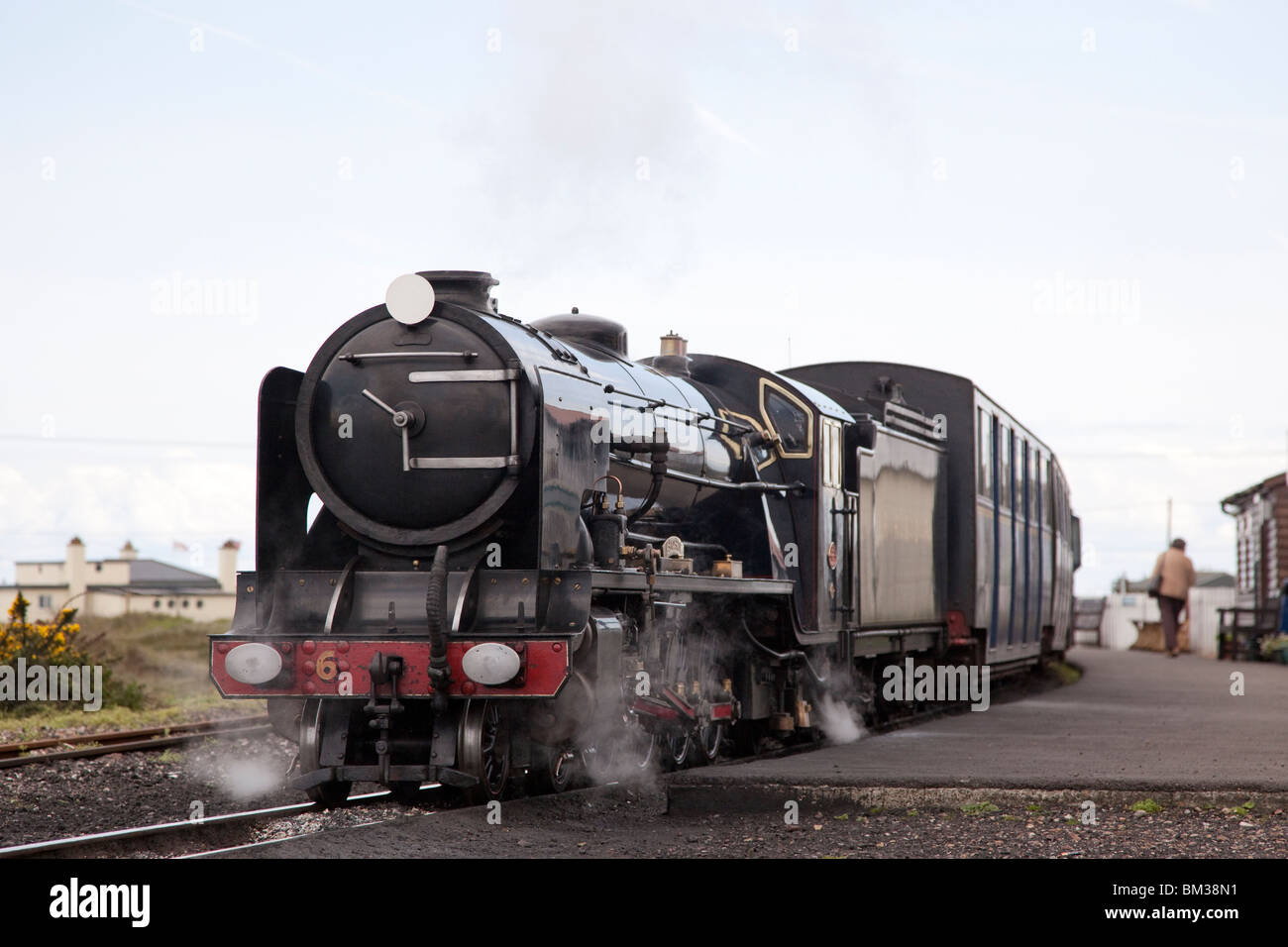 Third scale mountain class steam locomotive 'Samson' at Dungerness Station on the Romney, Hythe, and Dymchurch Railway, Kent, UK Stock Photo
