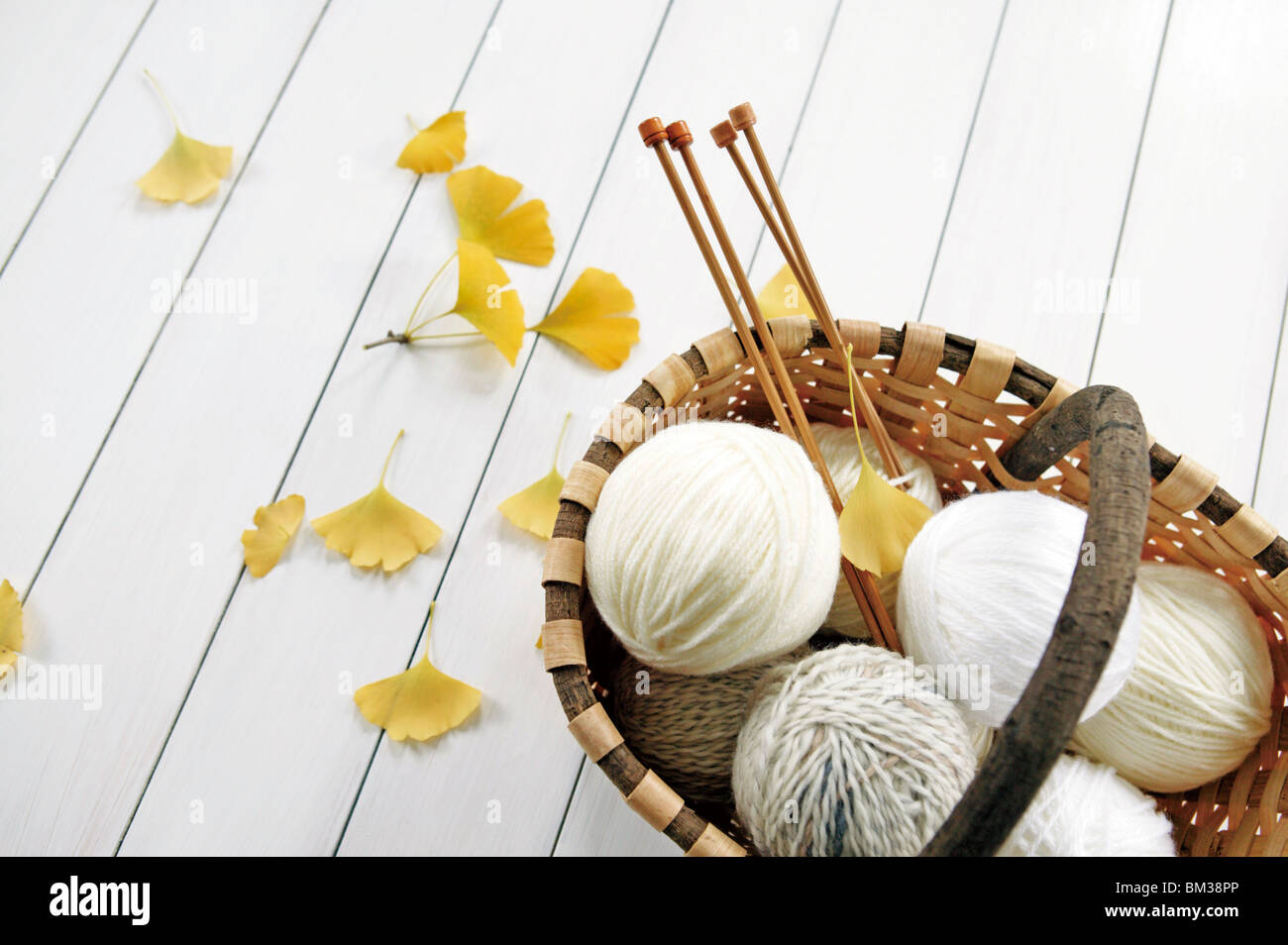 Knitting needles and yarn balls in basket Stock Photo Alamy