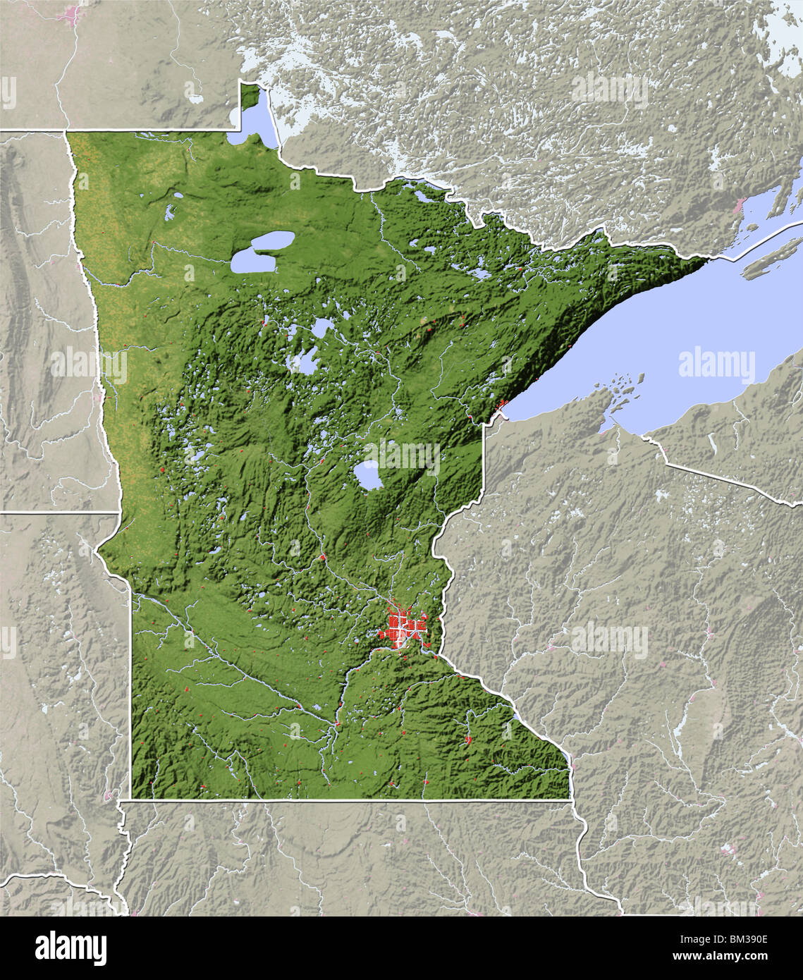 Minnesota, shaded relief map. Stock Photo