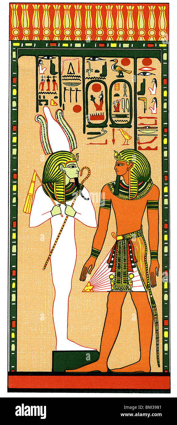 Seti I (1291–1278 B.C.),  second ruler of Egypt's 19th Dynasty, is on the right addressing Osiris, god of fertility and the dead Stock Photo