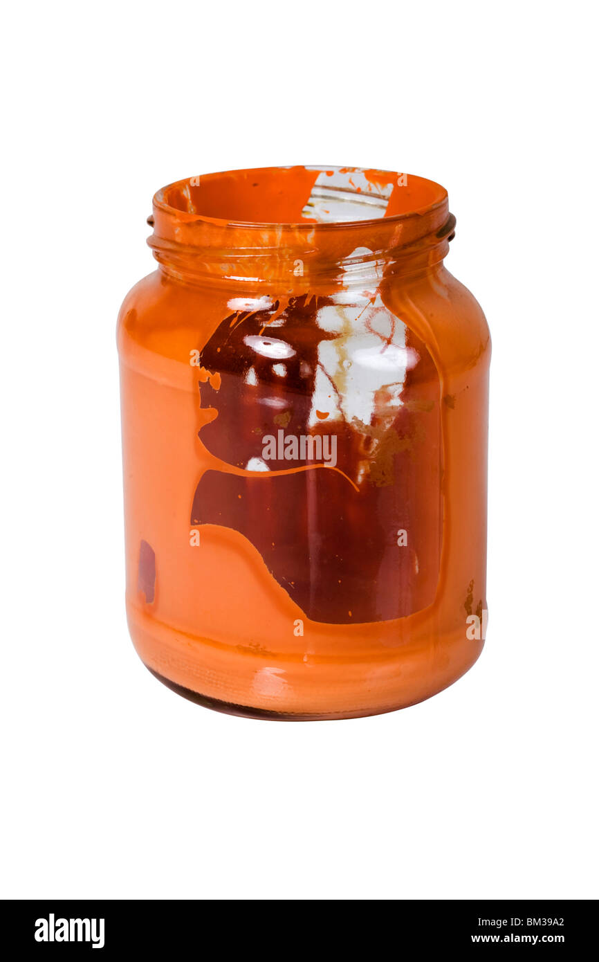 opened empty glass jar with dry orange color inside Stock Photo