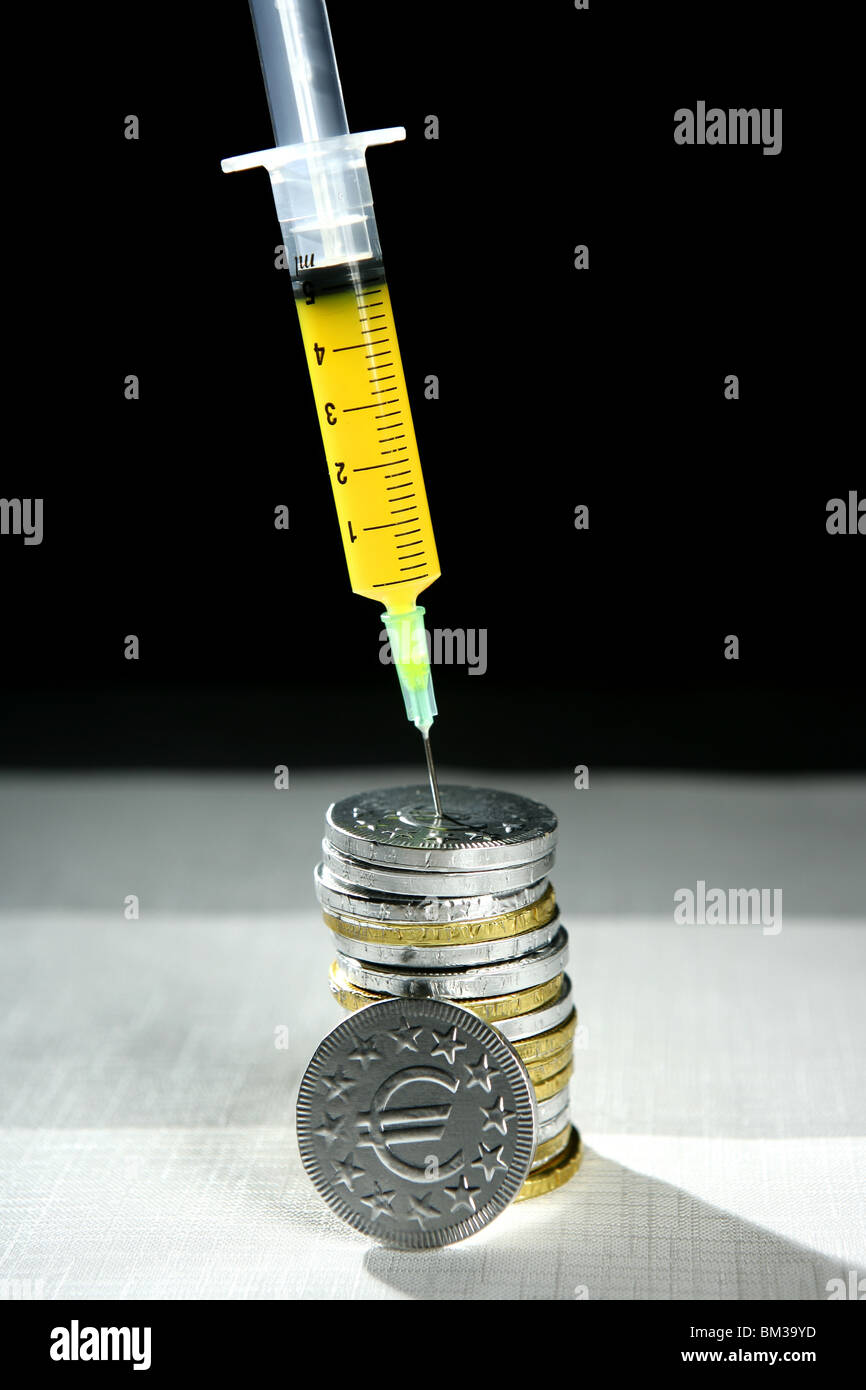 Monetary Injection Euro currency syringe injection. Bank crisis financial credit metaphor ...