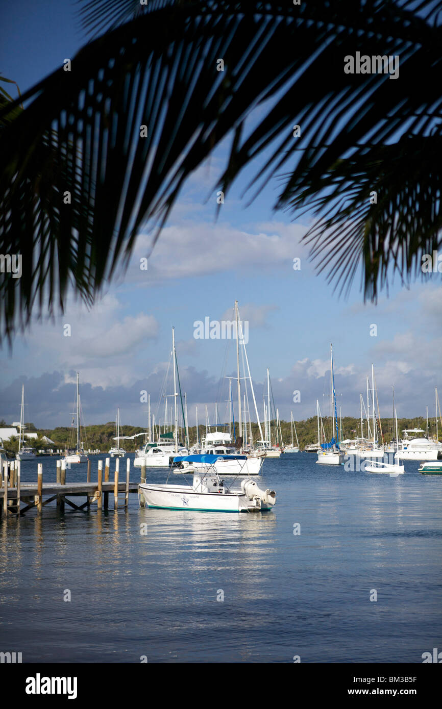 A variety of sail boats anchored up in the Hope Town anchorage at Elbow