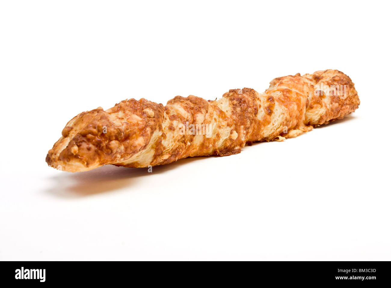 Cheese Twist Pastry from low perspective isolated against white background Stock Photo