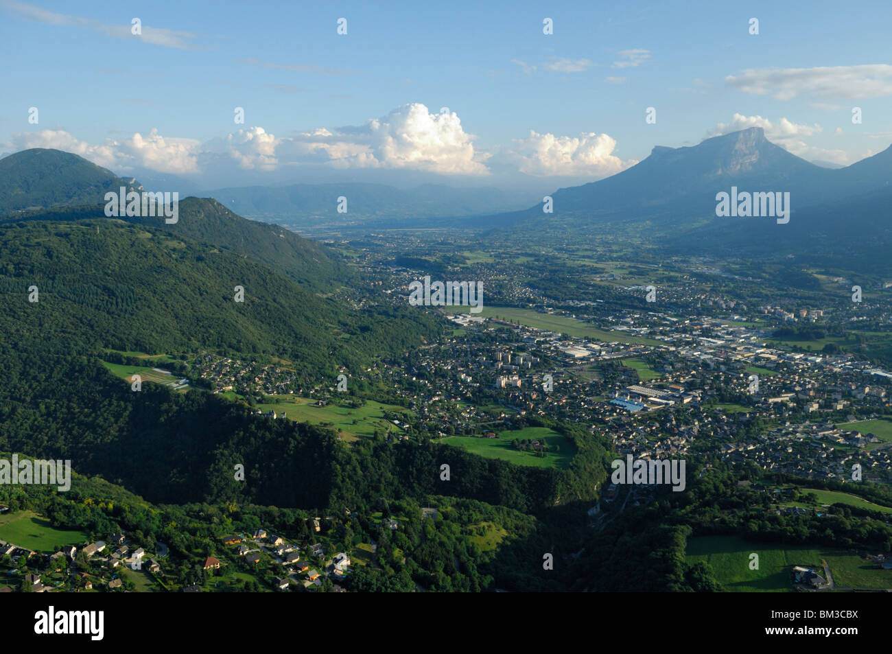 Aerial view of valley called 'cluse de Chambery'. Saint Alban Leysse / Challes-les-eaux. Savoy (Savoie), French Alps, France Stock Photo