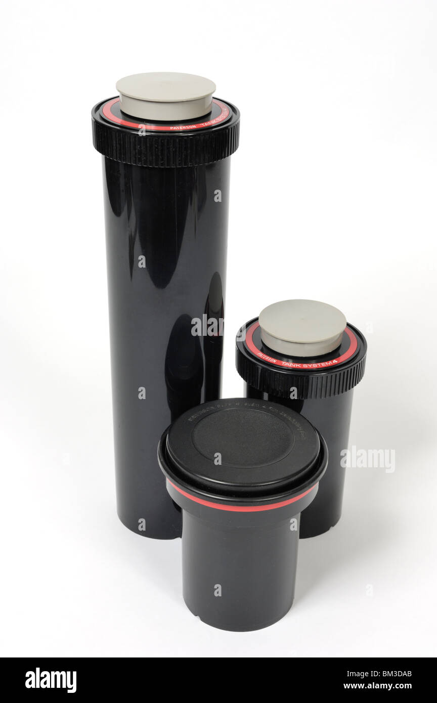 Photographic film developing tanks for 35mm and medium format roll film