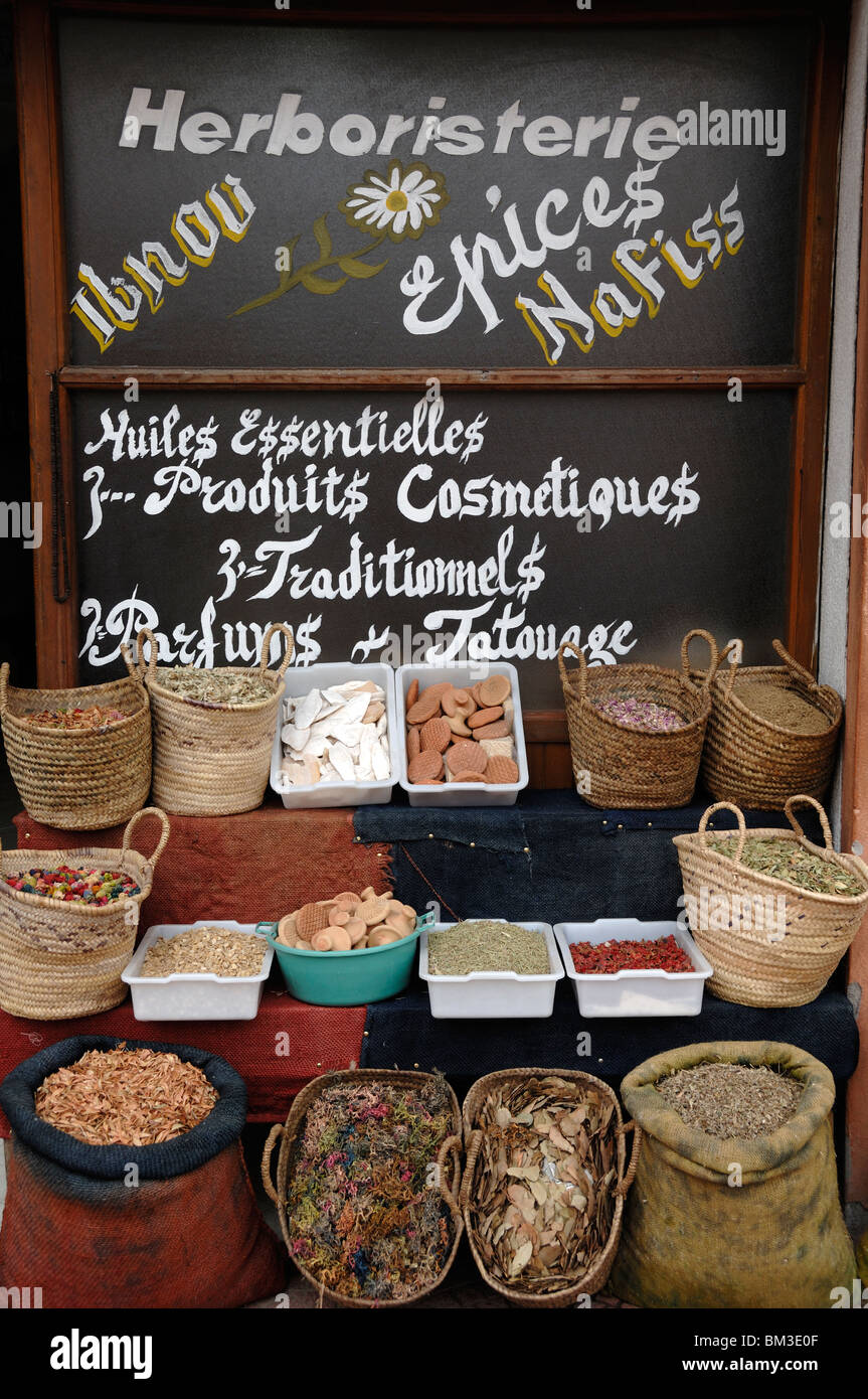 Display of Herbs & Spices in Front of a Moroccan Herbalist Shop or Market Stall in Souk Marrakesh Morocco Stock Photo