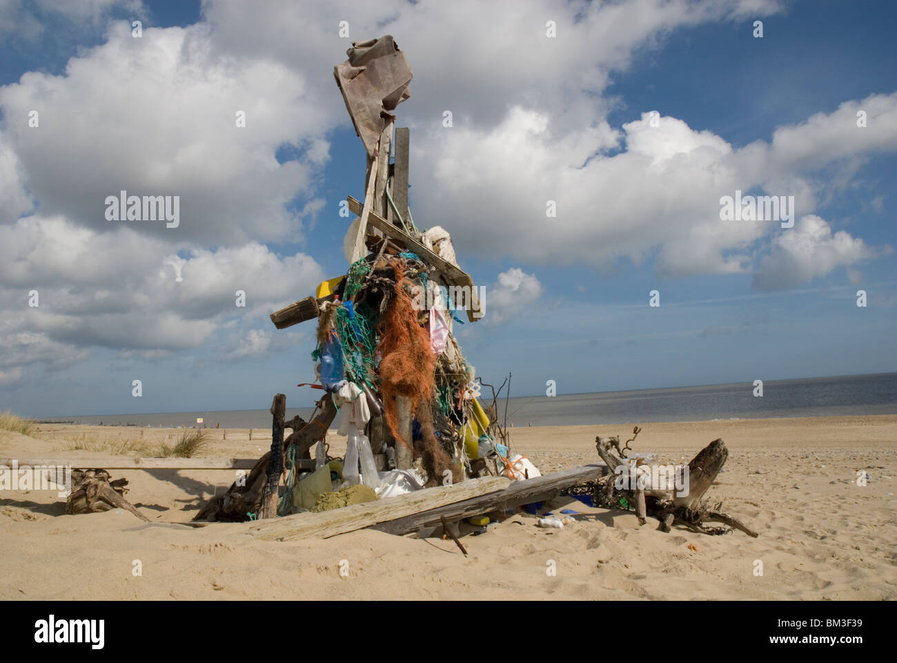 Sculpture made of flotsam and jetsam on Winterton beach,Norfolk,UK