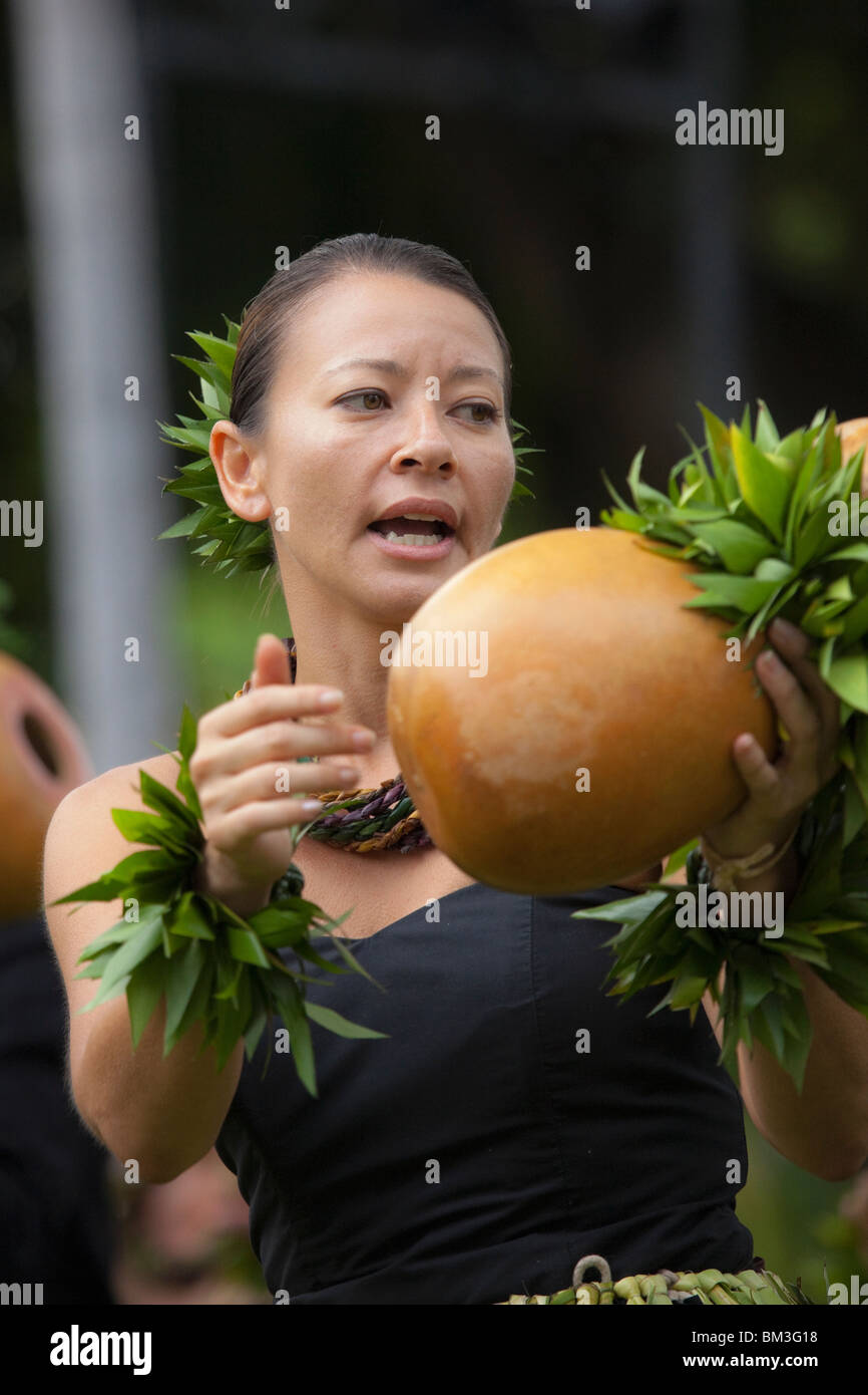 Traditional Hawaiian Hula (Kahiko) performed with ipu (drum) on Hawaii