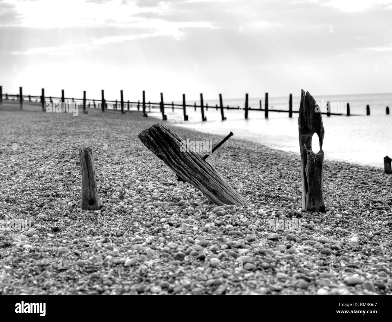 Worn Groynes On Camber Sands Beach East Sussex Stock Photo