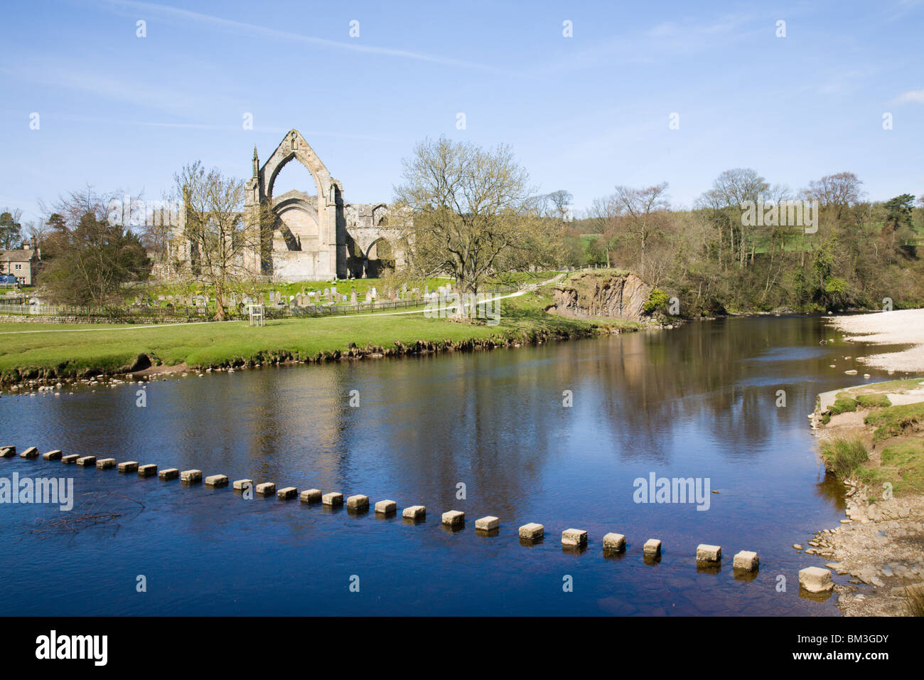 "Bolton Abbey" with steppingstones across the river Wharfe Stock Photo