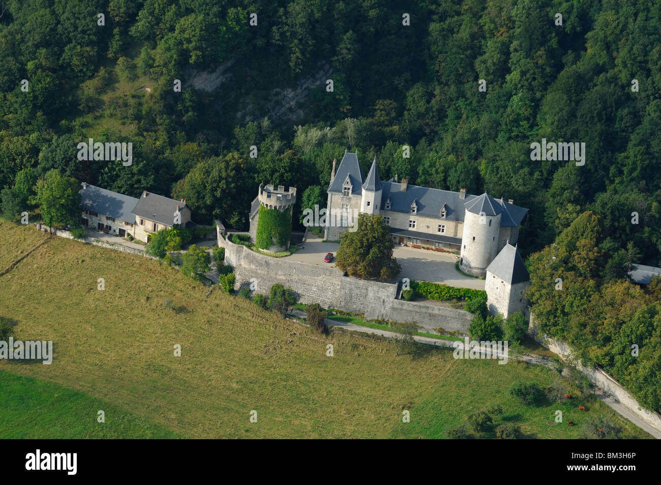 Aerial view of La Batie castle. Leysse. Savoy (Savoie), Rhone-Alpes region, French Alps, France Stock Photo