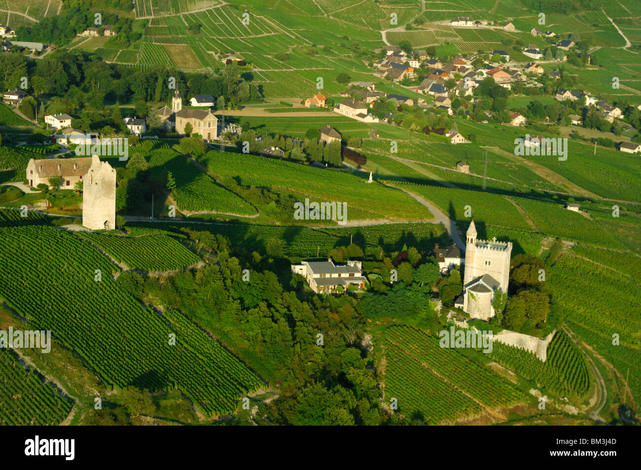 Aerial view of Clos St Anthelme vineyards. Chignin, Savoy (Savoie), Rhone-Alpes region, French Alps, France Stock Photo