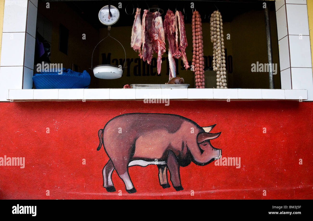 Meat counter at Panajachel Market Guatemala Stock Photo