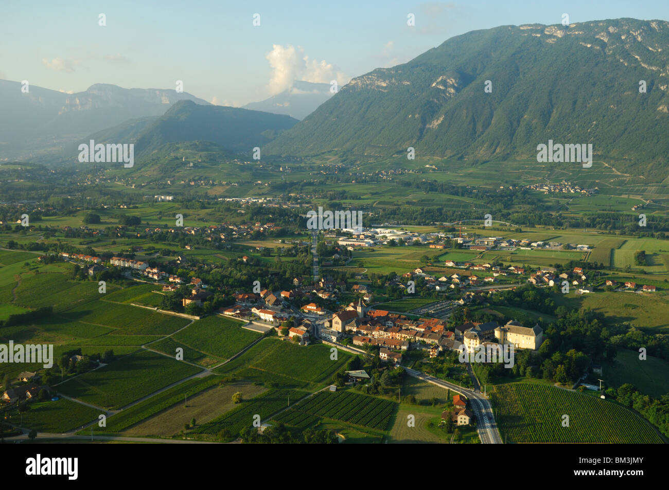 Aerial view of  valley called cluse de Chambery. Back Montgelas summit. Savoy (Savoie), Rhone-Alpes region, French Alps, France Stock Photo