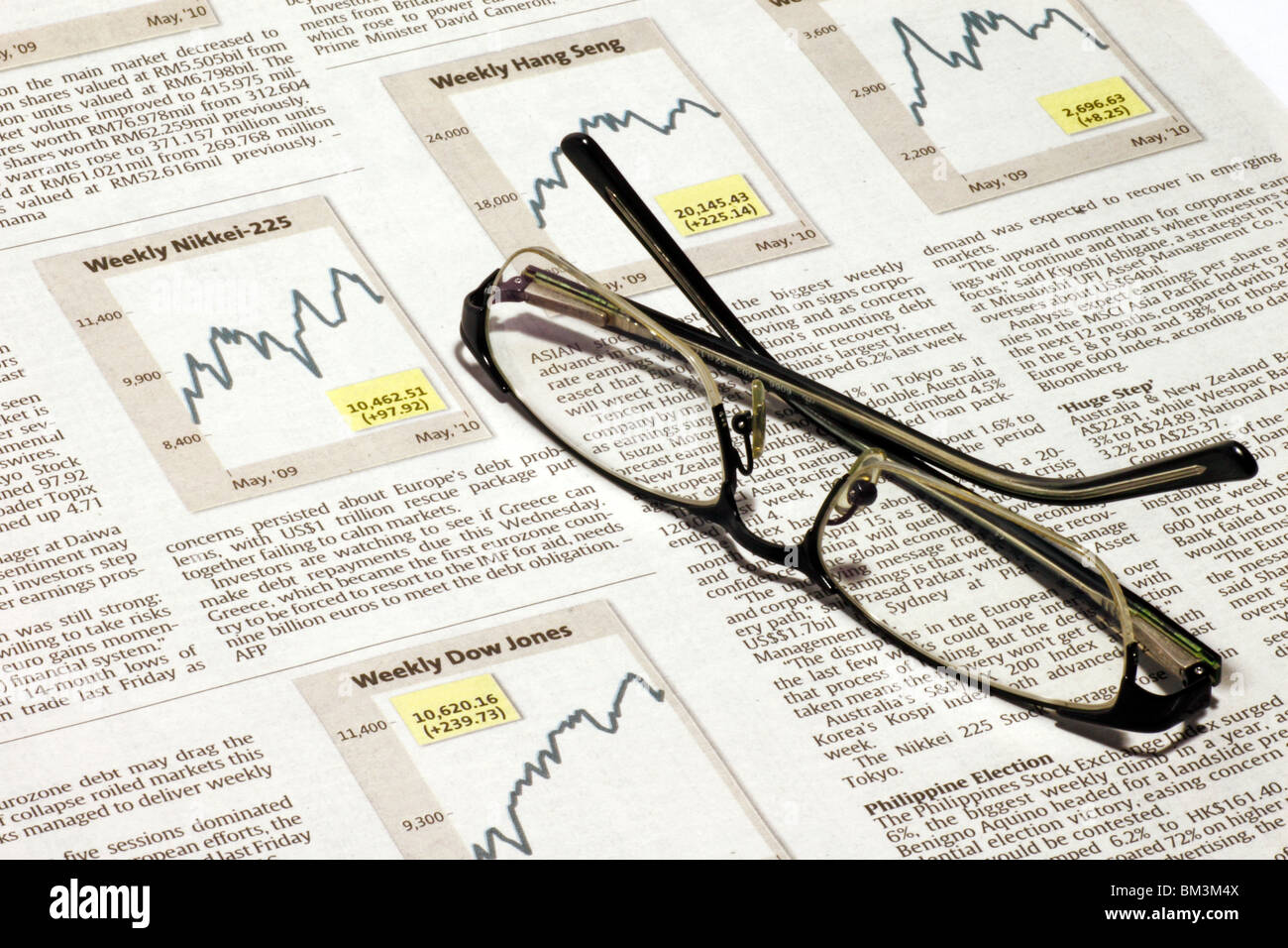 A pair of glass on a stock market sheet showing the Nikkei, Hang Seng & Dow Jones index  graph. Stock Photo