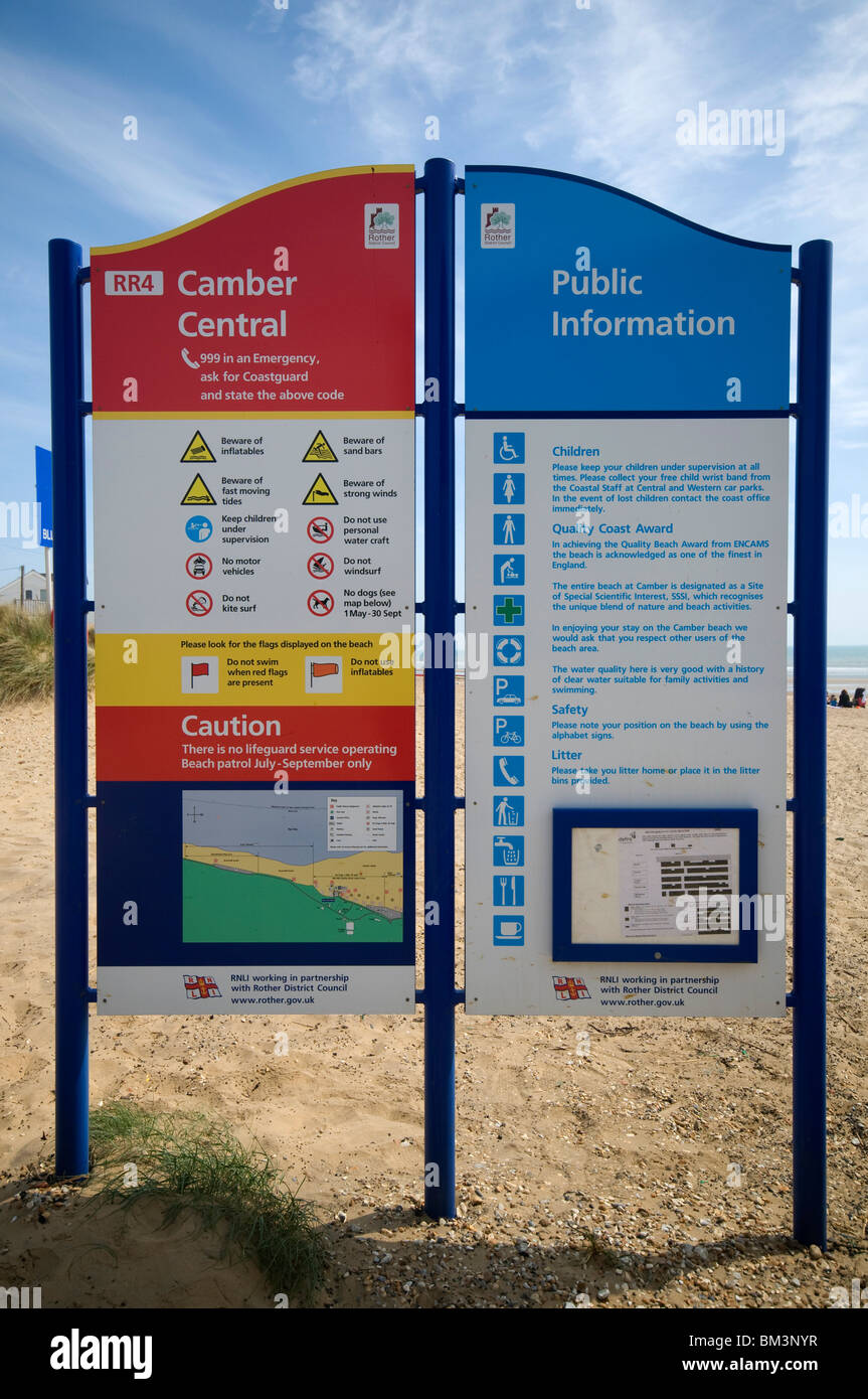 public information council sign for does and dont's notice and beware Camber Sands Beach in East