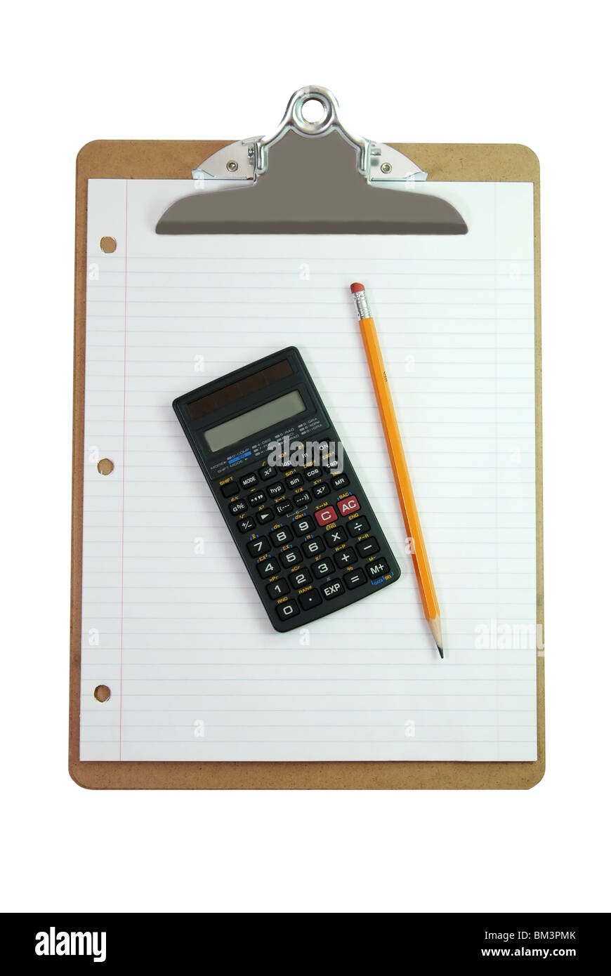 Clipboard, calculator, pencil, and lined white paper isolated on white background with clipping path. Stock Photo