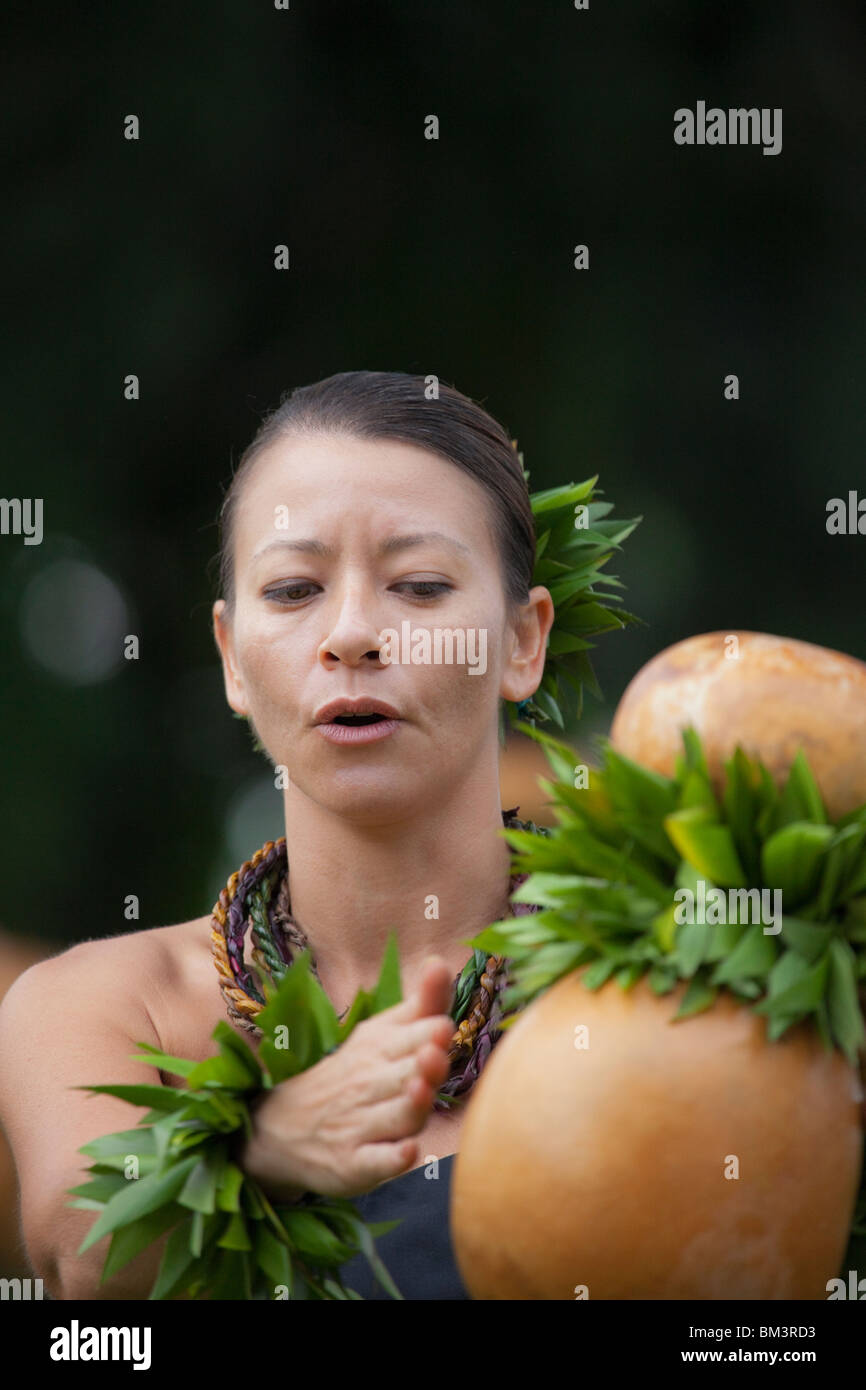 Traditional Hawaiian Hula (Kahiko) performed with ipu (drum) on Hawaii